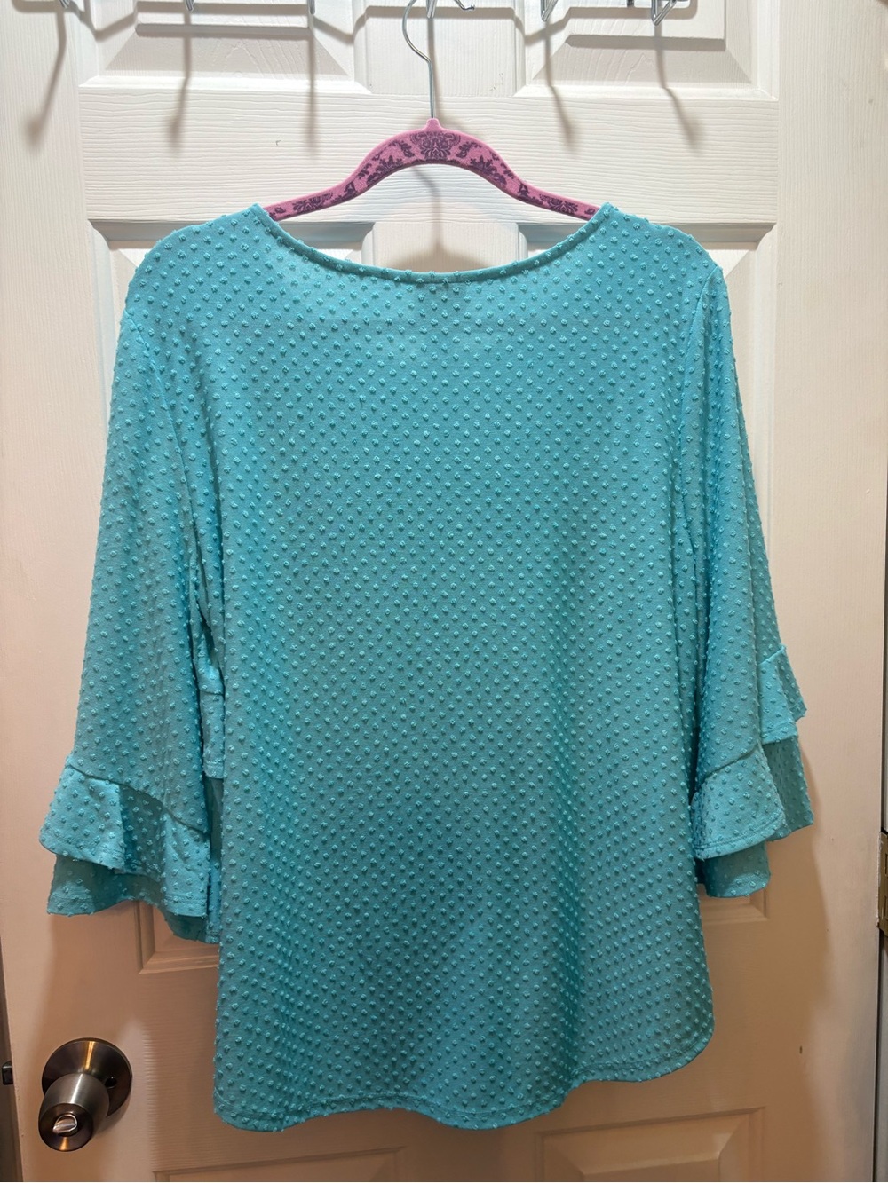Ruby Rd. Large Women's Teal Textured Ruffle Sleeve Top - Picture 10 of 16